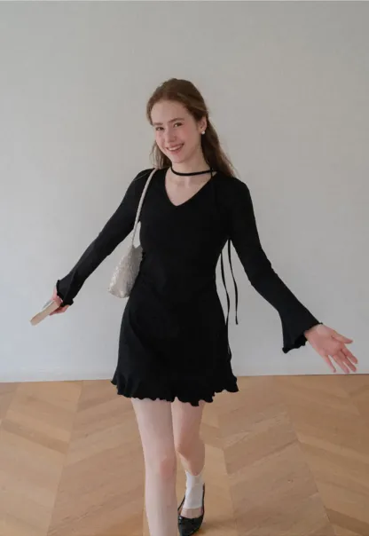 V Neck Long Sleeve Flared Hem Dress