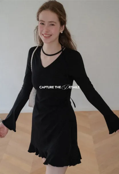 V Neck Long Sleeve Flared Hem Dress