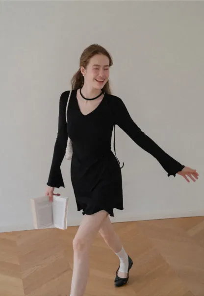 V Neck Long Sleeve Flared Hem Dress