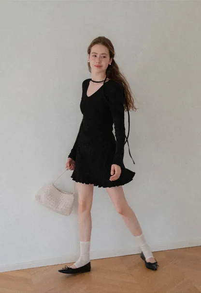V Neck Long Sleeve Flared Hem Dress