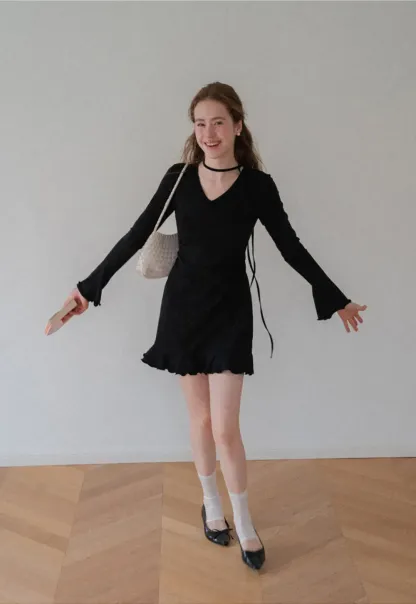 V Neck Long Sleeve Flared Hem Dress