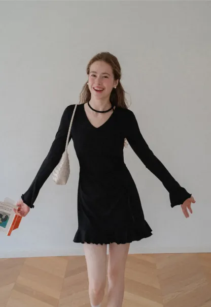 V Neck Long Sleeve Flared Hem Dress