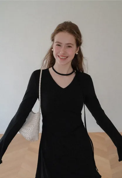 V Neck Long Sleeve Flared Hem Dress