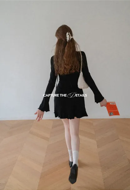V Neck Long Sleeve Flared Hem Dress