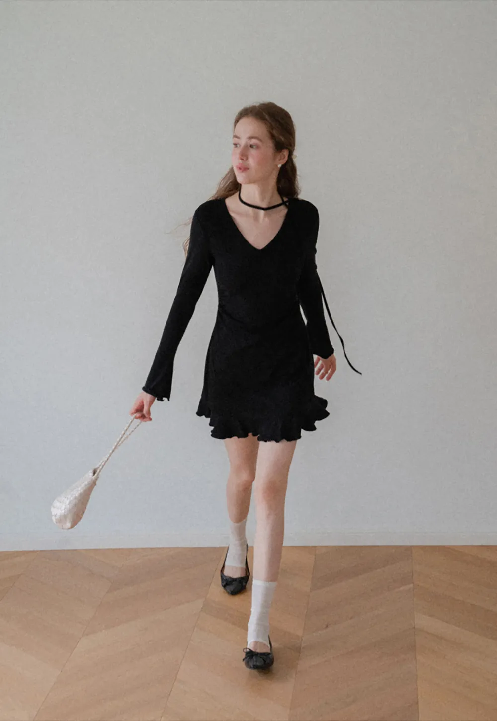 V Neck Long Sleeve Flared Hem Dress