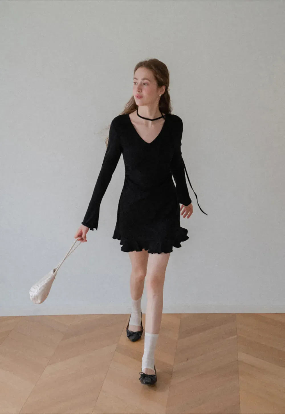V Neck Long Sleeve Flared Hem Dress