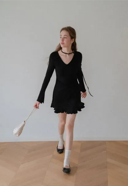 V Neck Long Sleeve Flared Hem Dress