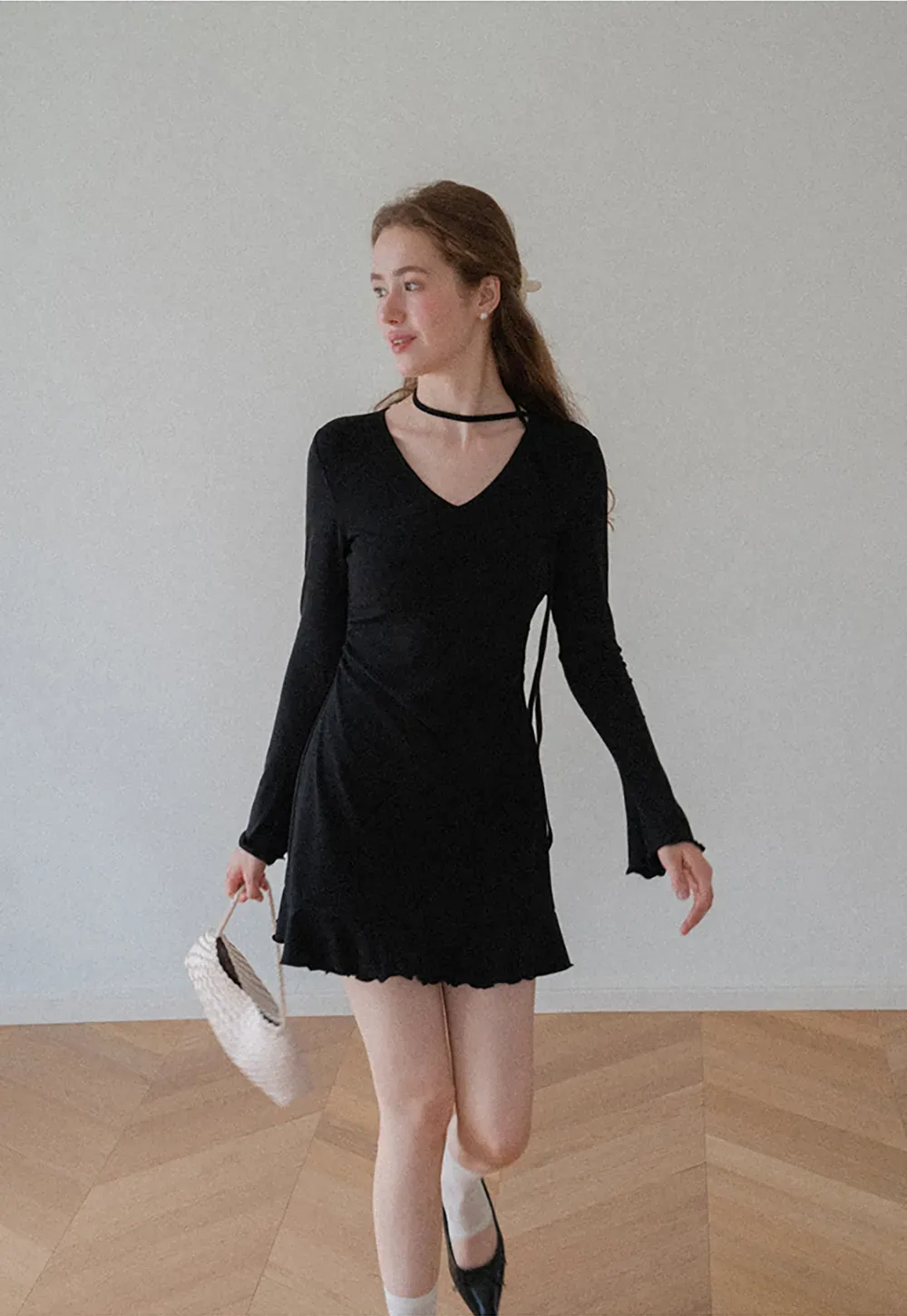 V Neck Long Sleeve Flared Hem Dress