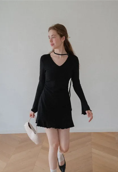 V Neck Long Sleeve Flared Hem Dress