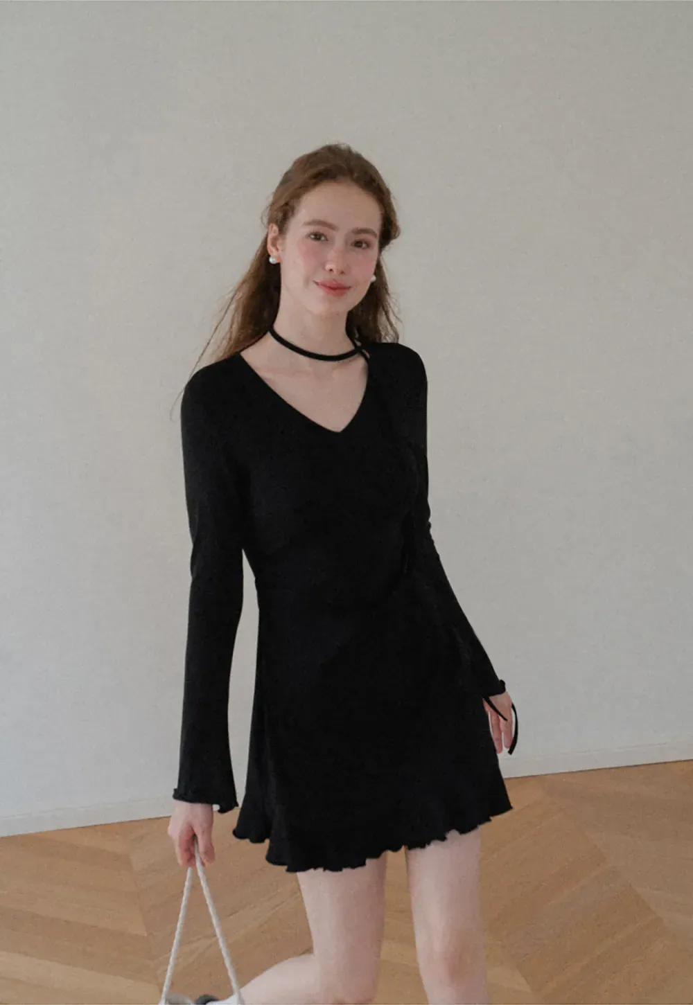 V Neck Long Sleeve Flared Hem Dress