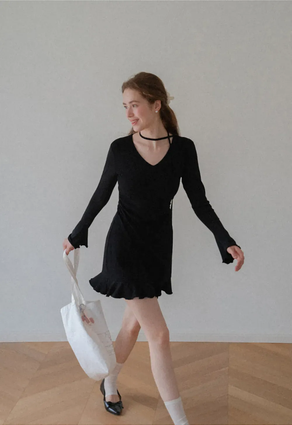 V Neck Long Sleeve Flared Hem Dress