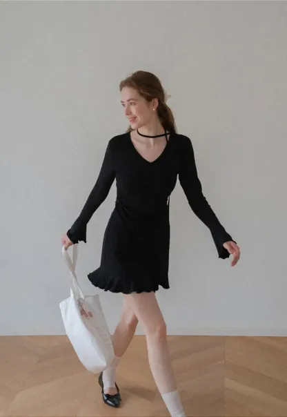 V Neck Long Sleeve Flared Hem Dress