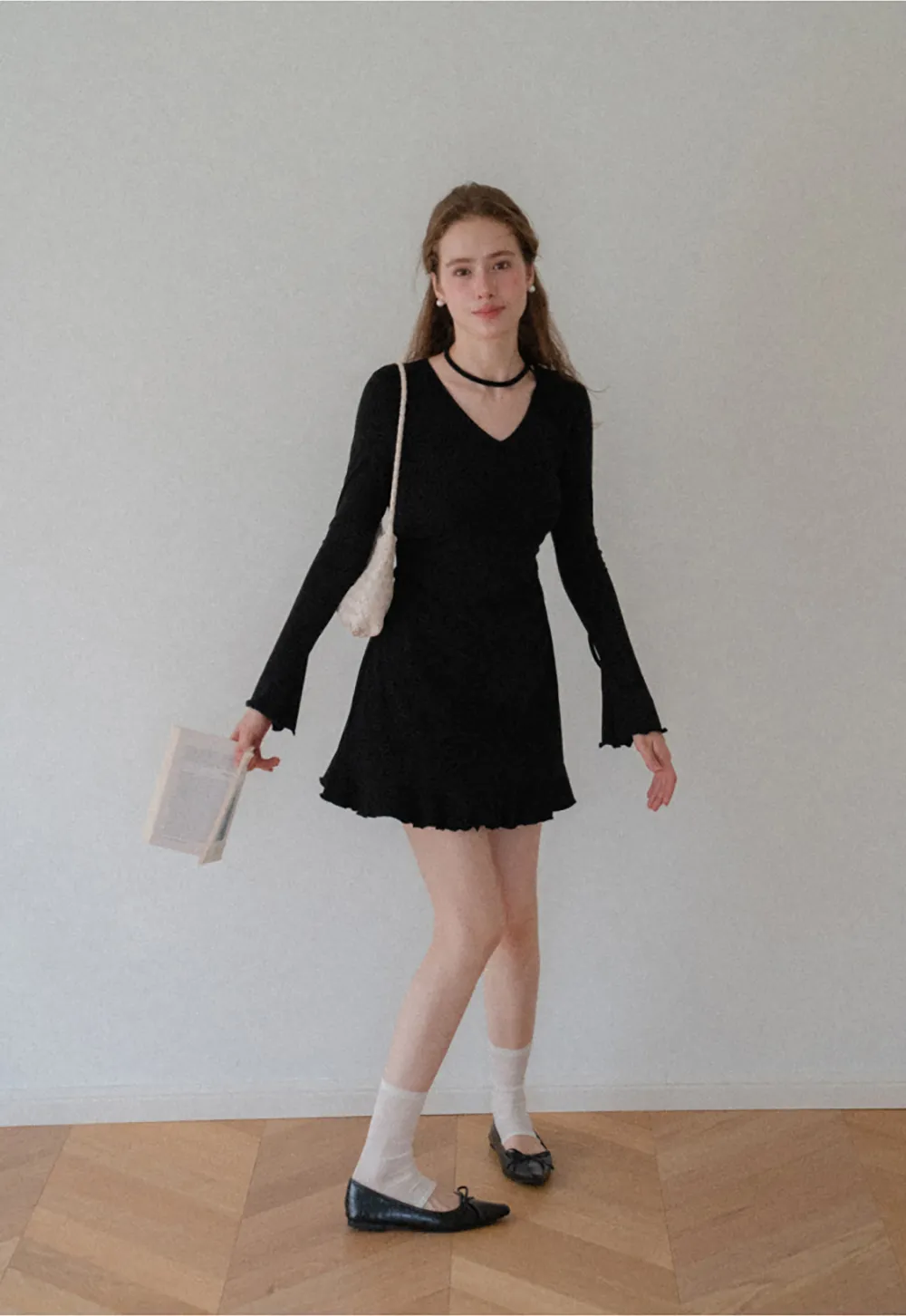 V Neck Long Sleeve Flared Hem Dress