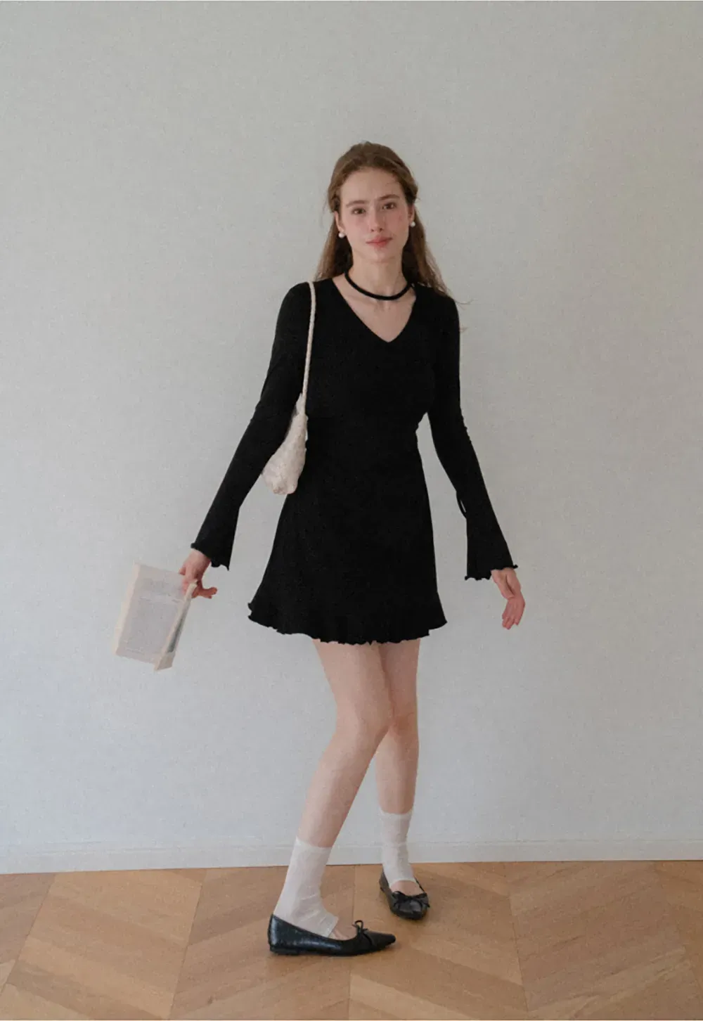 V Neck Long Sleeve Flared Hem Dress