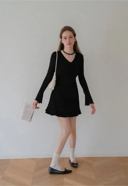 V Neck Long Sleeve Flared Hem Dress