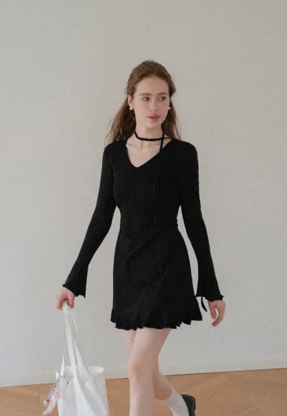 V Neck Long Sleeve Flared Hem Dress