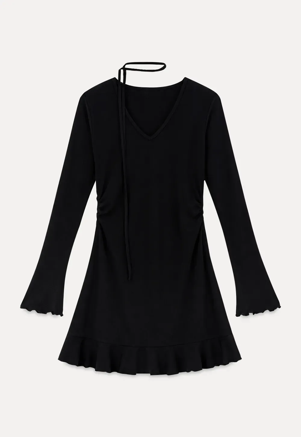 V Neck Long Sleeve Flared Hem Dress