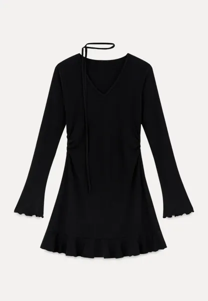 V Neck Long Sleeve Flared Hem Dress