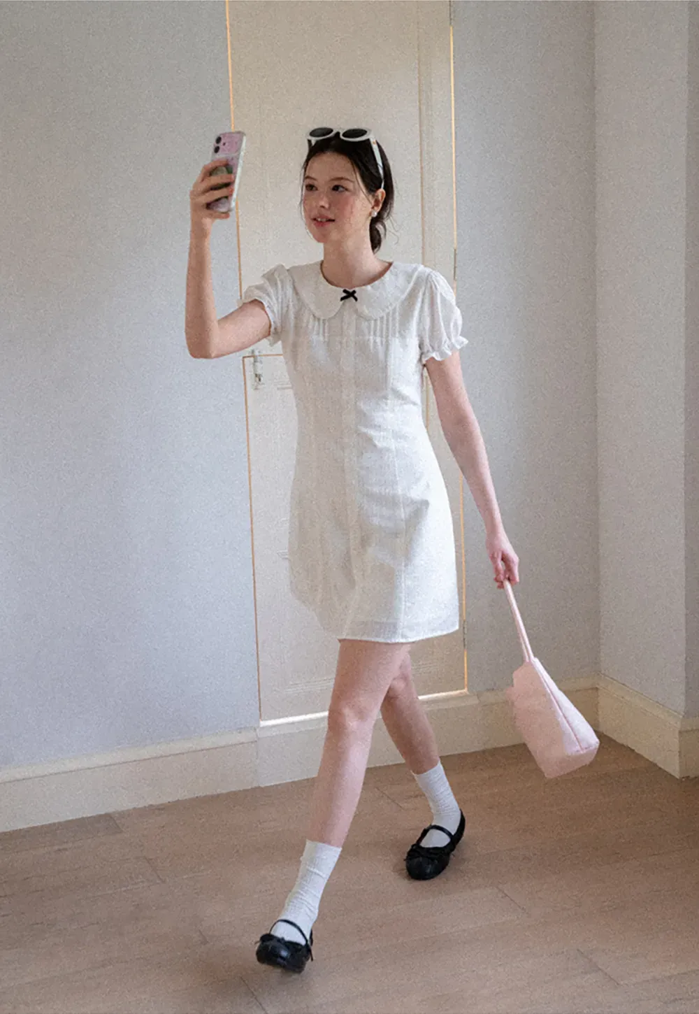 Peter Pan Collar Pleated Short Sleeve Dress