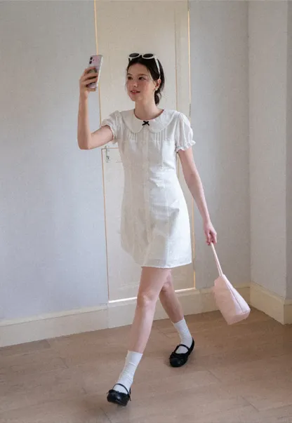 Peter Pan Collar Pleated Short Sleeve Dress