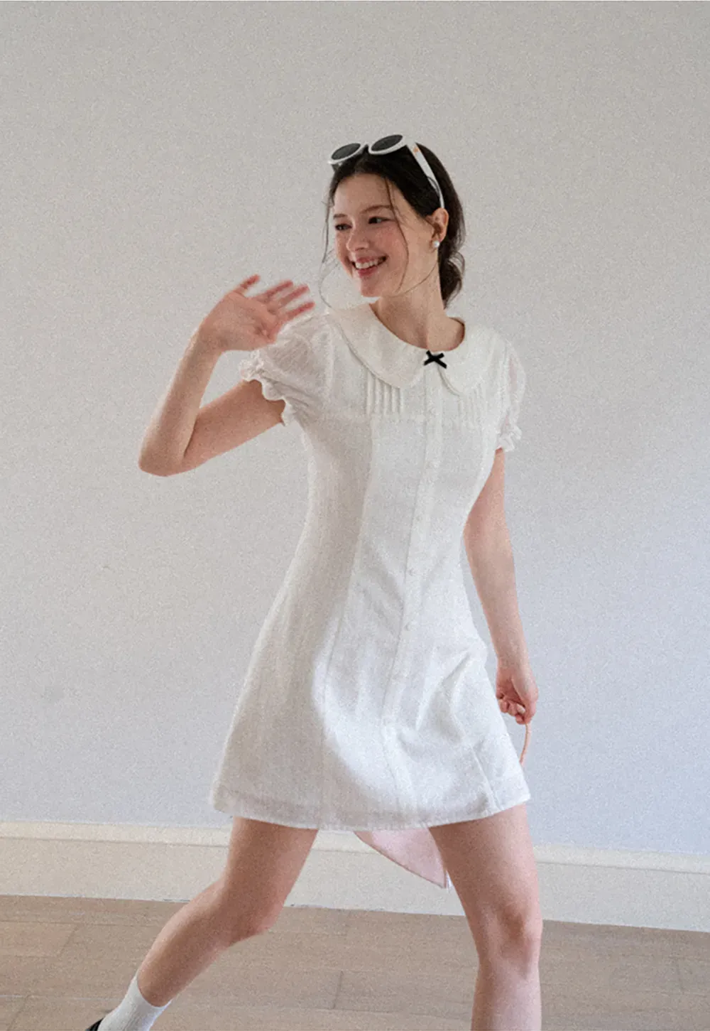 Peter Pan Collar Pleated Short Sleeve Dress