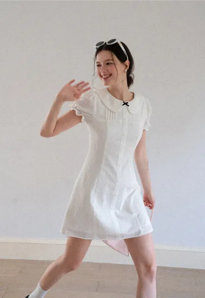 Peter Pan Collar Pleated Short Sleeve Dress