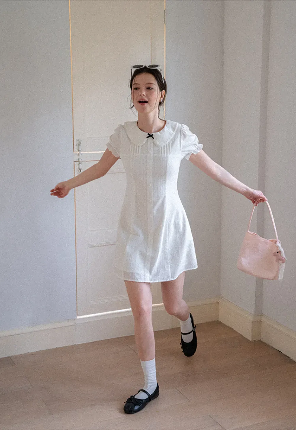 Peter Pan Collar Pleated Short Sleeve Dress