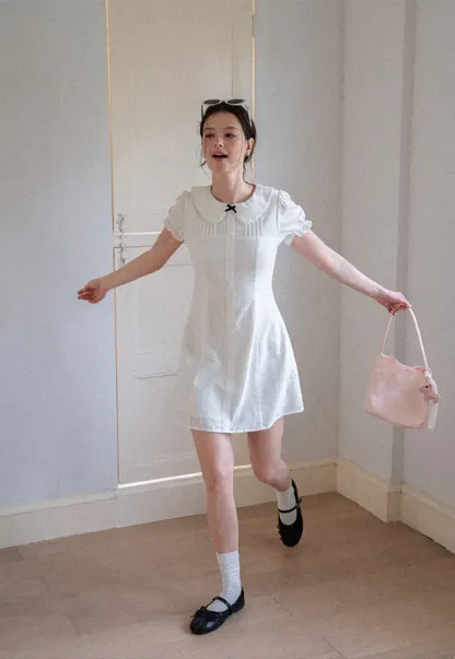 Peter Pan Collar Pleated Short Sleeve Dress