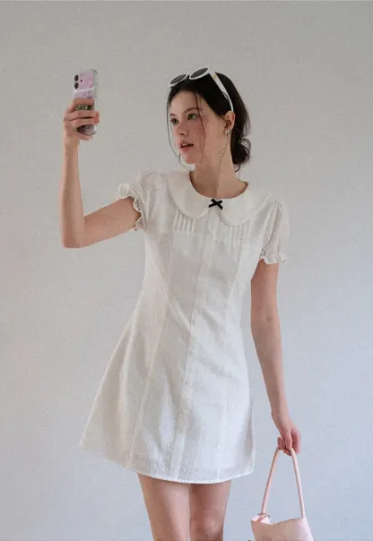 Peter Pan Collar Pleated Short Sleeve Dress