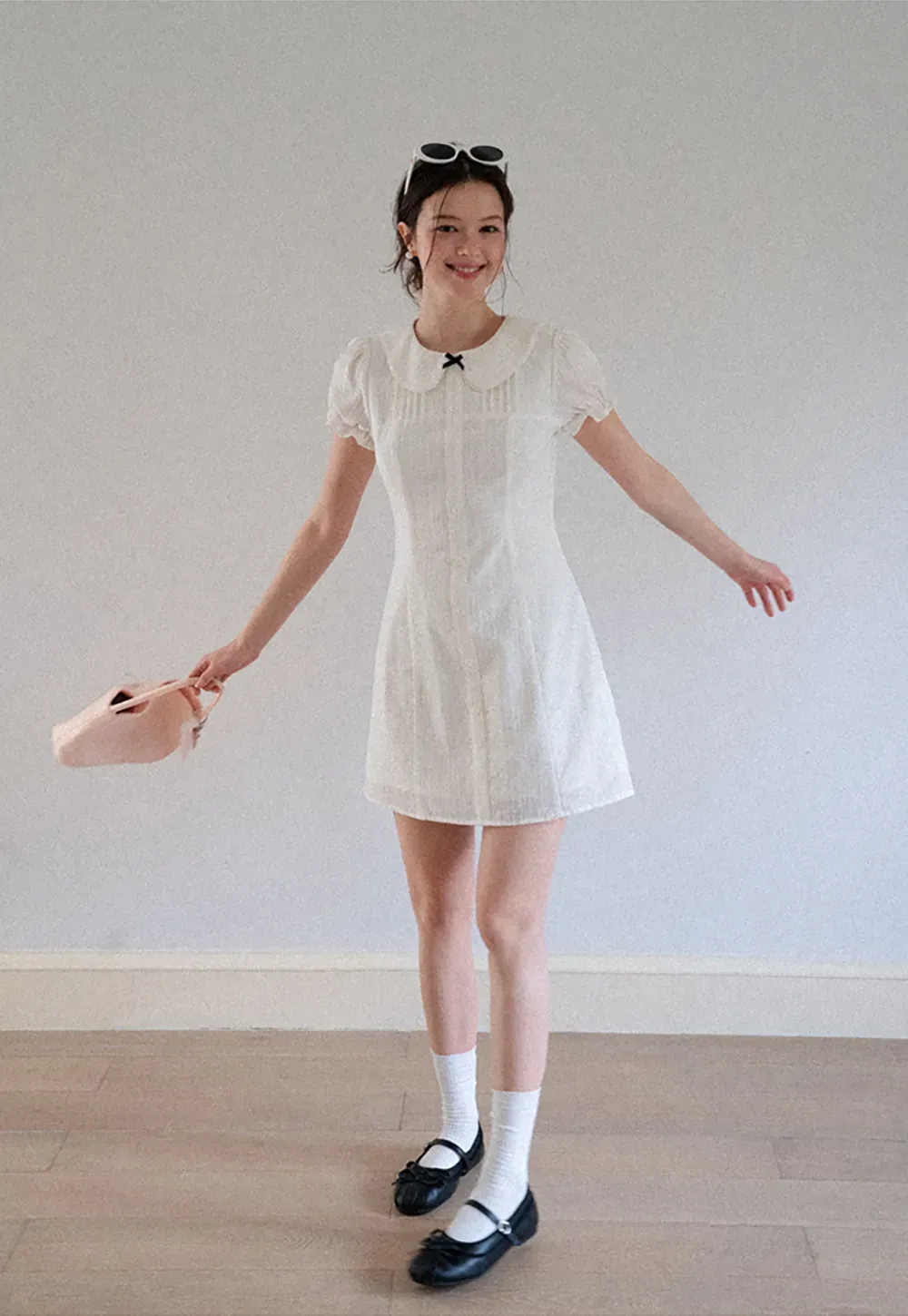 Peter Pan Collar Pleated Short Sleeve Dress