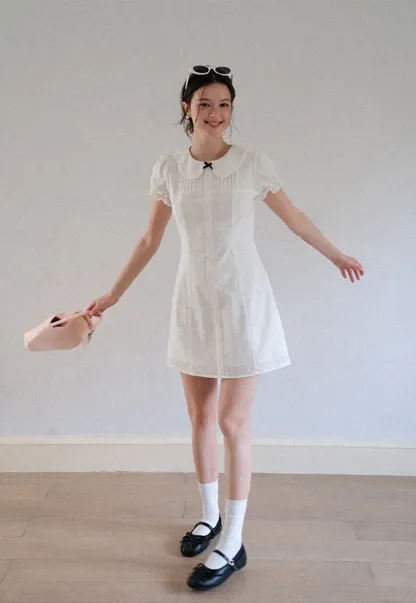 Peter Pan Collar Pleated Short Sleeve Dress