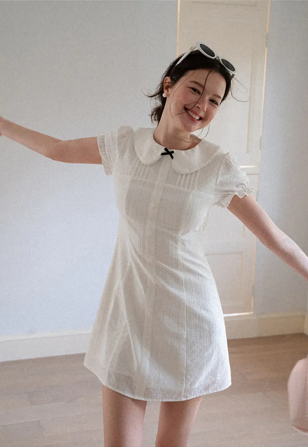 Peter Pan Collar Pleated Short Sleeve Dress