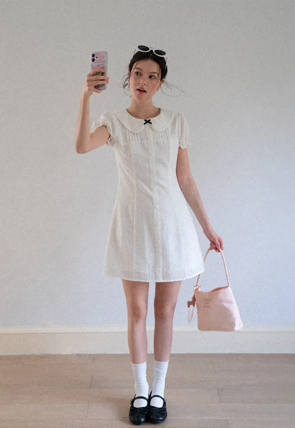 Peter Pan Collar Pleated Short Sleeve Dress