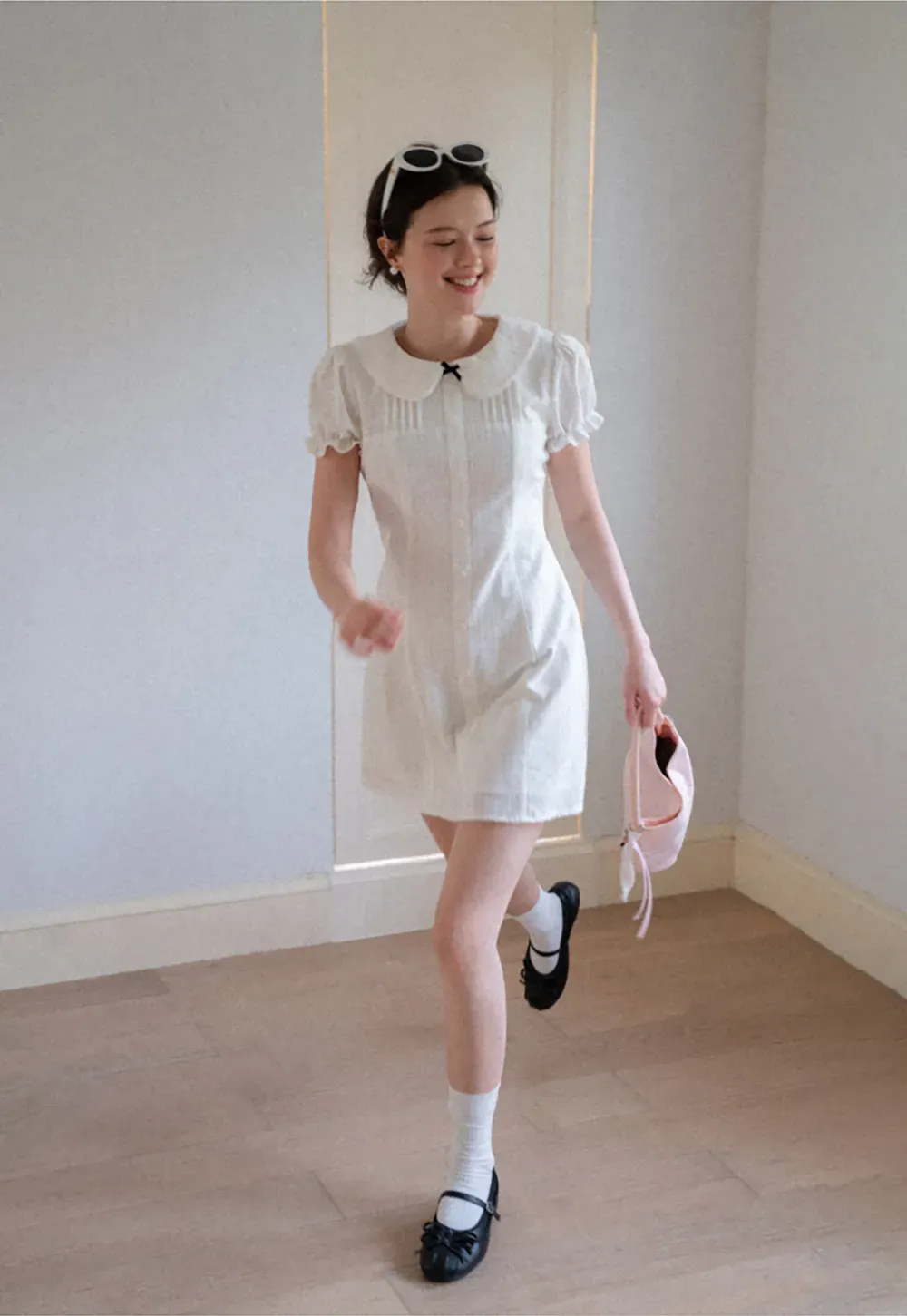 Peter Pan Collar Pleated Short Sleeve Dress