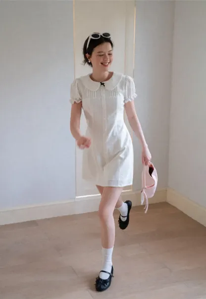 Peter Pan Collar Pleated Short Sleeve Dress