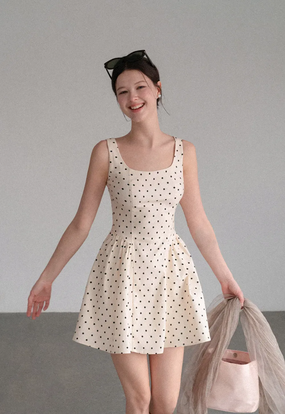 Polka Dot Square Neck Sleeveless A Line Dress
