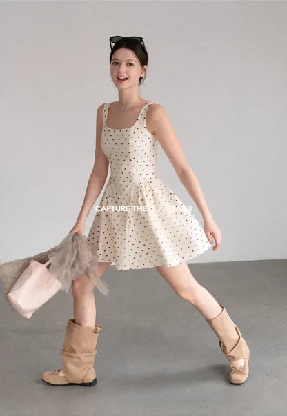 Polka Dot Square Neck Sleeveless A Line Dress