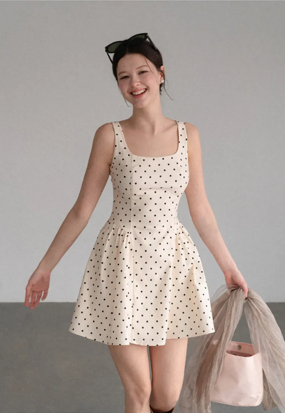 Polka Dot Square Neck Sleeveless A Line Dress