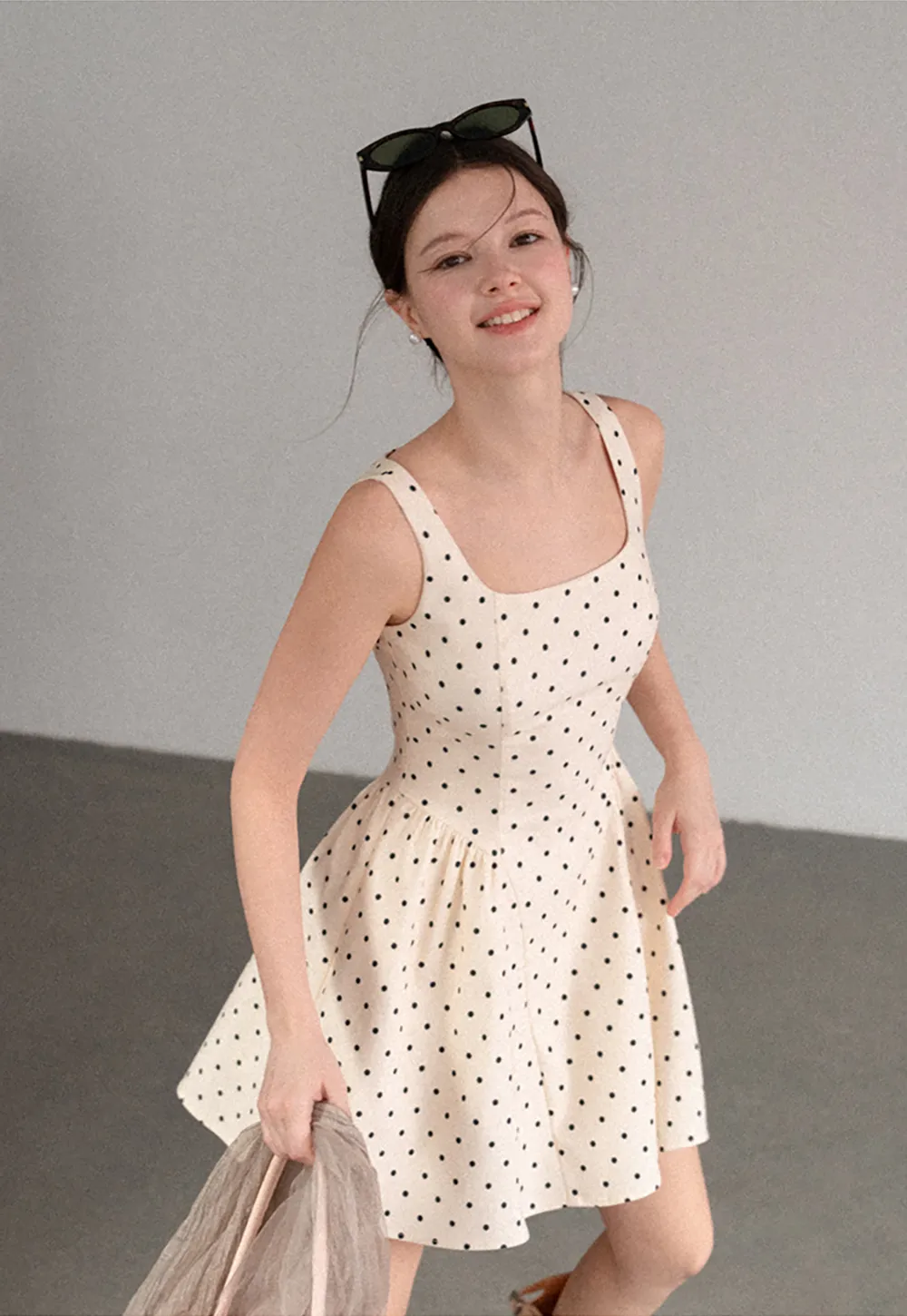 Polka Dot Square Neck Sleeveless A Line Dress