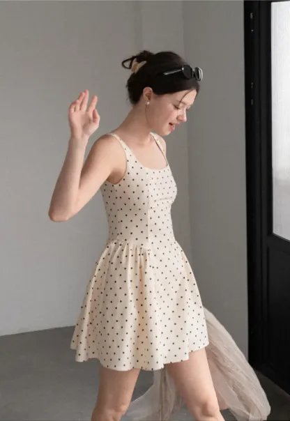 Polka Dot Square Neck Sleeveless A Line Dress