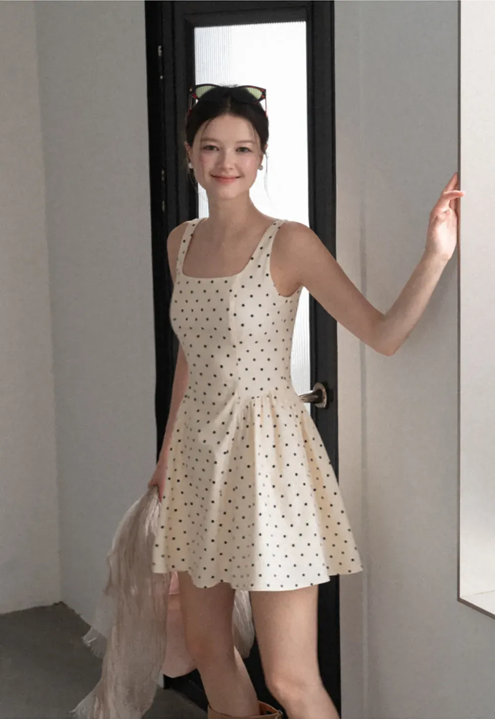 Polka Dot Square Neck Sleeveless A Line Dress
