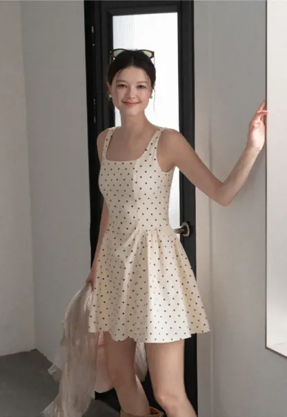 Polka Dot Square Neck Sleeveless A Line Dress
