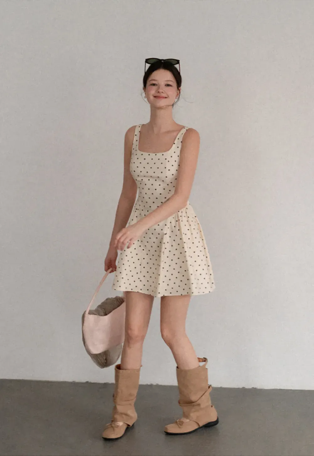 Polka Dot Square Neck Sleeveless A Line Dress