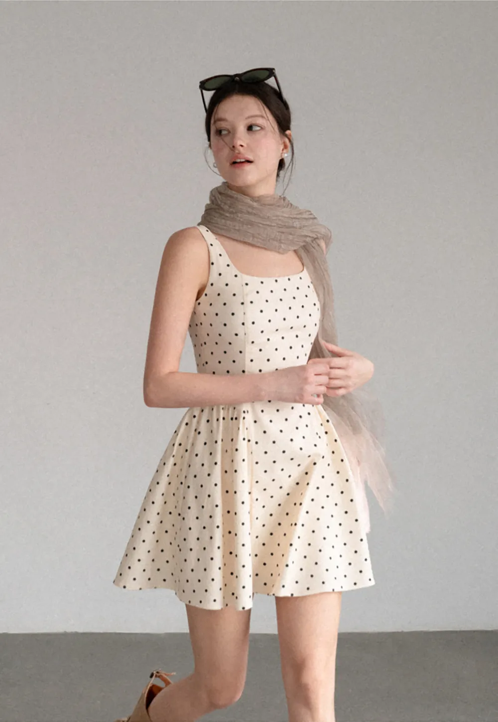 Polka Dot Square Neck Sleeveless A Line Dress