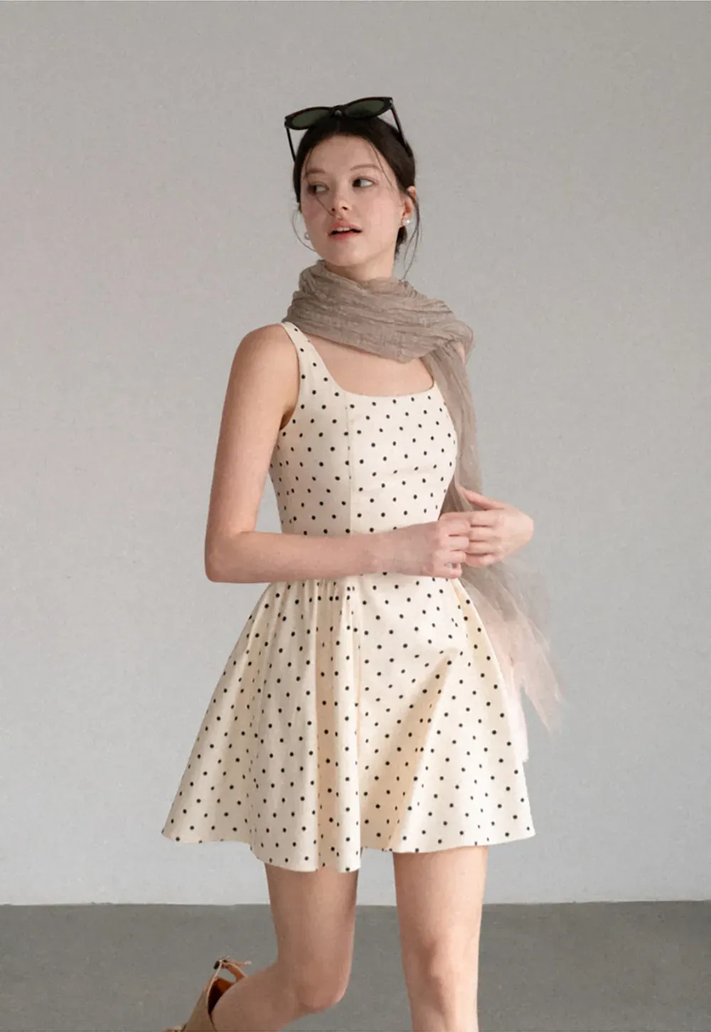 Polka Dot Square Neck Sleeveless A Line Dress