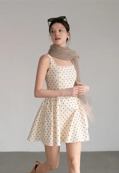 Polka Dot Square Neck Sleeveless A Line Dress