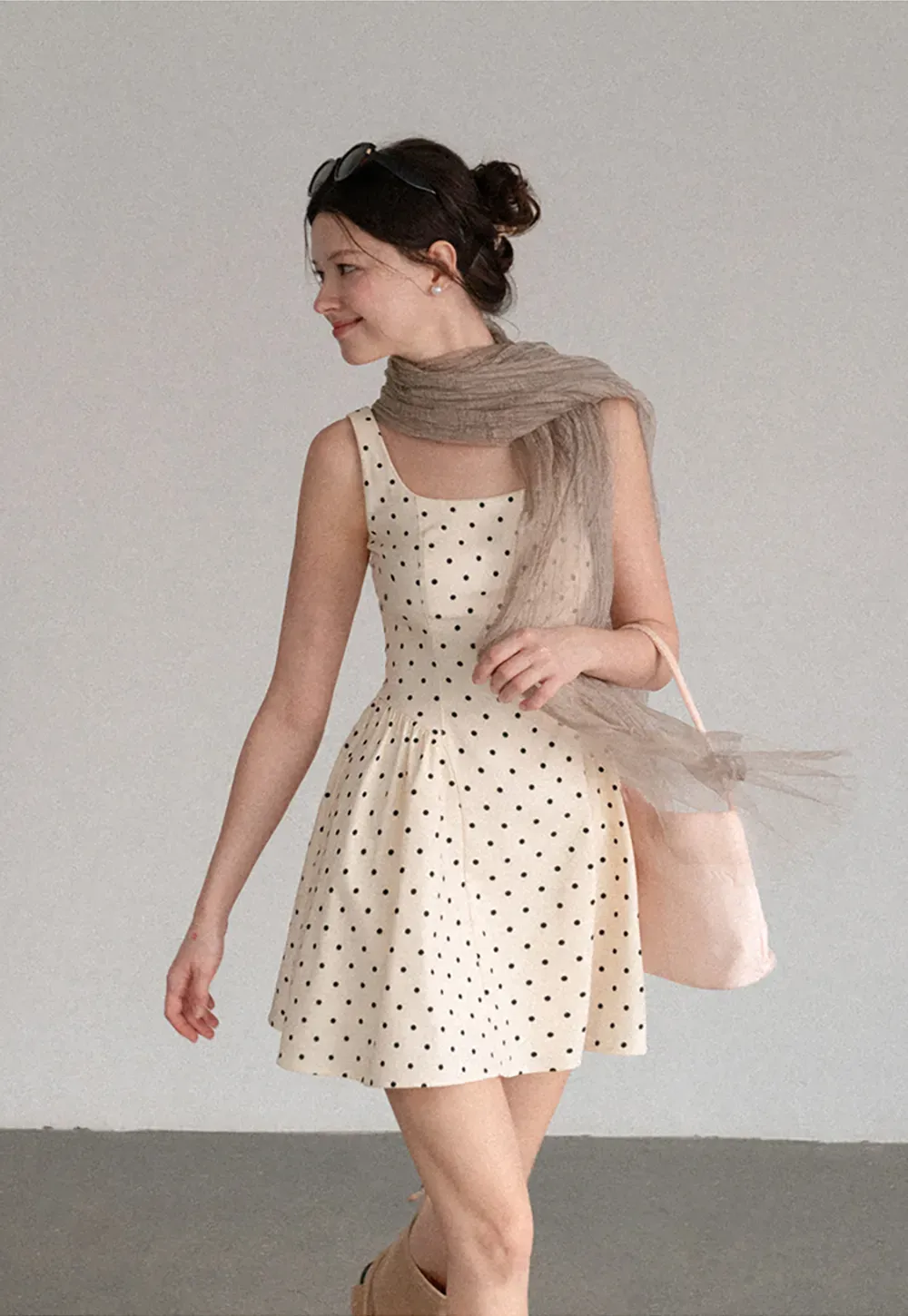 Polka Dot Square Neck Sleeveless A Line Dress