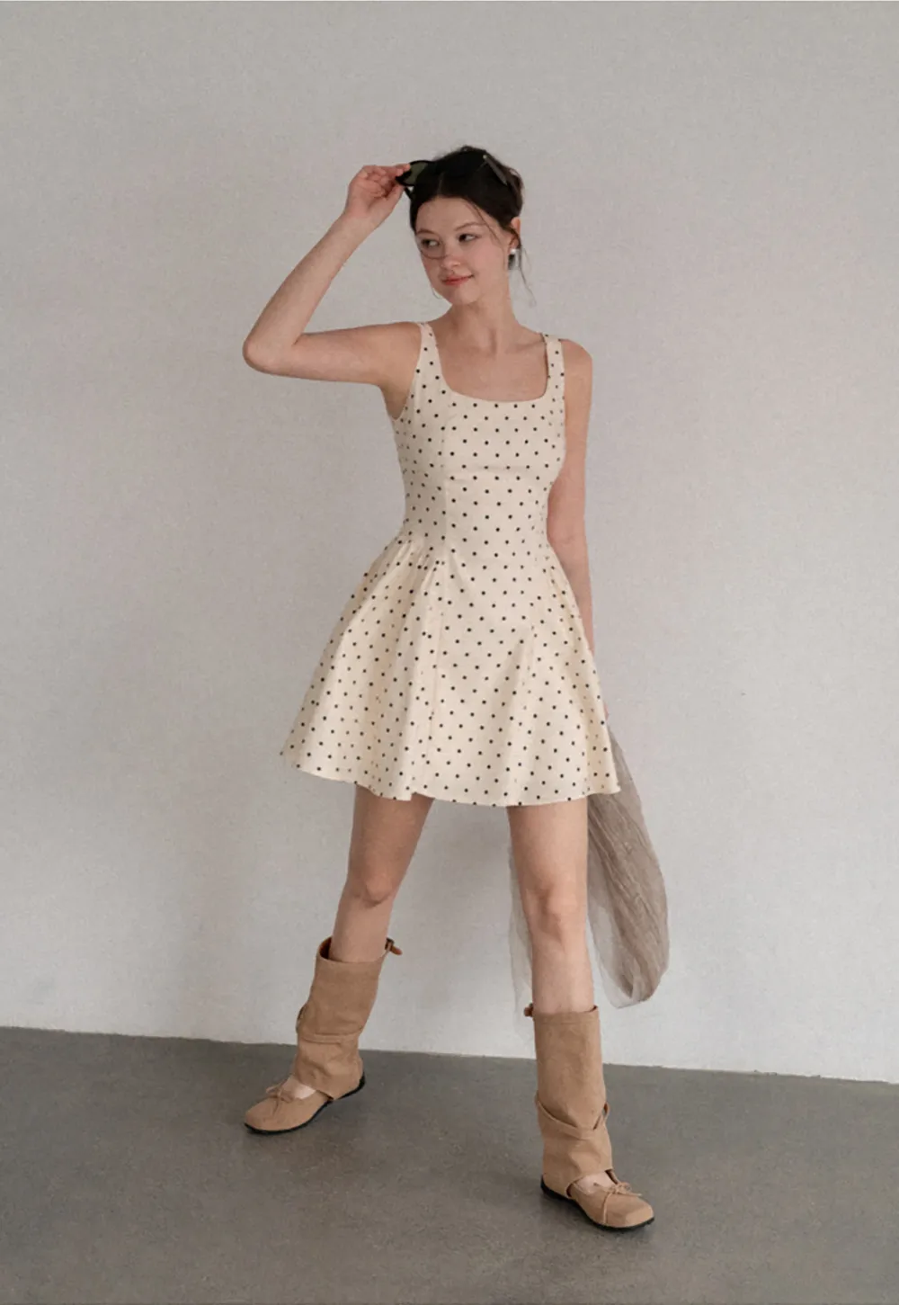 Polka Dot Square Neck Sleeveless A Line Dress