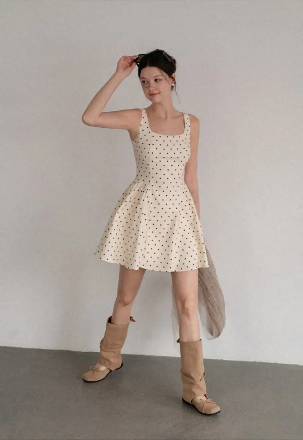 Polka Dot Square Neck Sleeveless A Line Dress