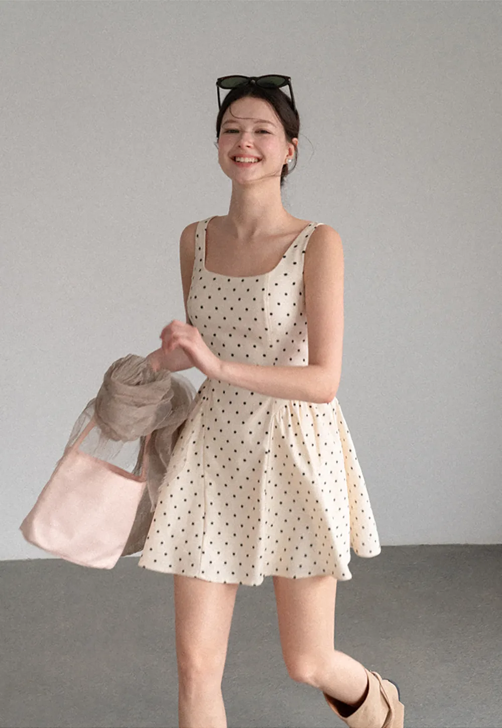 Polka Dot Square Neck Sleeveless A Line Dress
